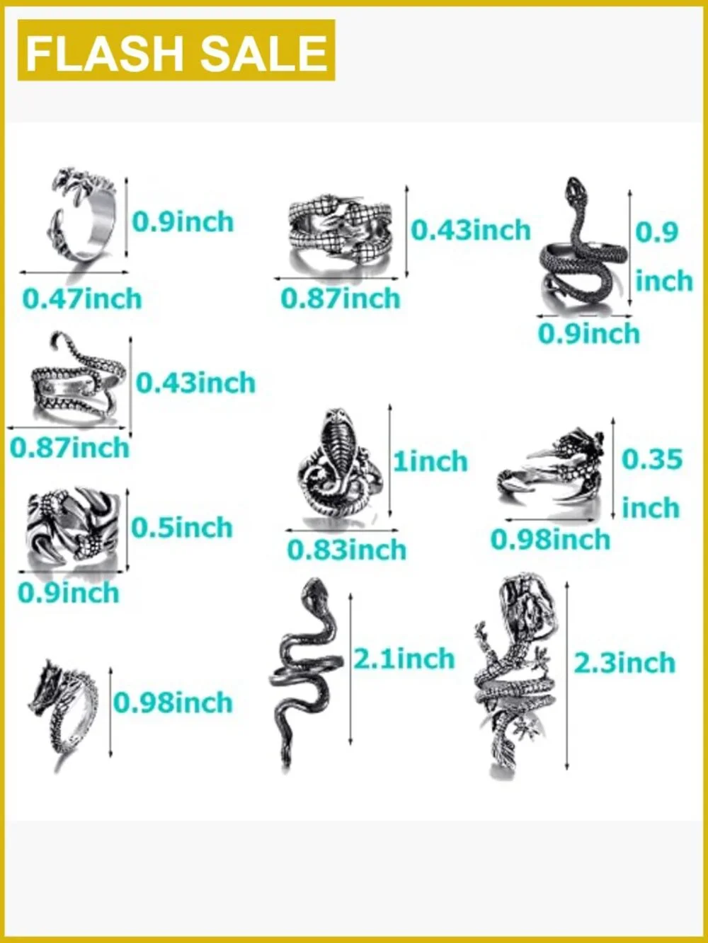 10 Vintage Punk Rings Dragon Snake Octopus Adjustable Open Circle